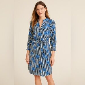 Draper James RSVP Blue Striped Floral V-Neck Smocked-Sleeve‎ Tie-Waist Dress S